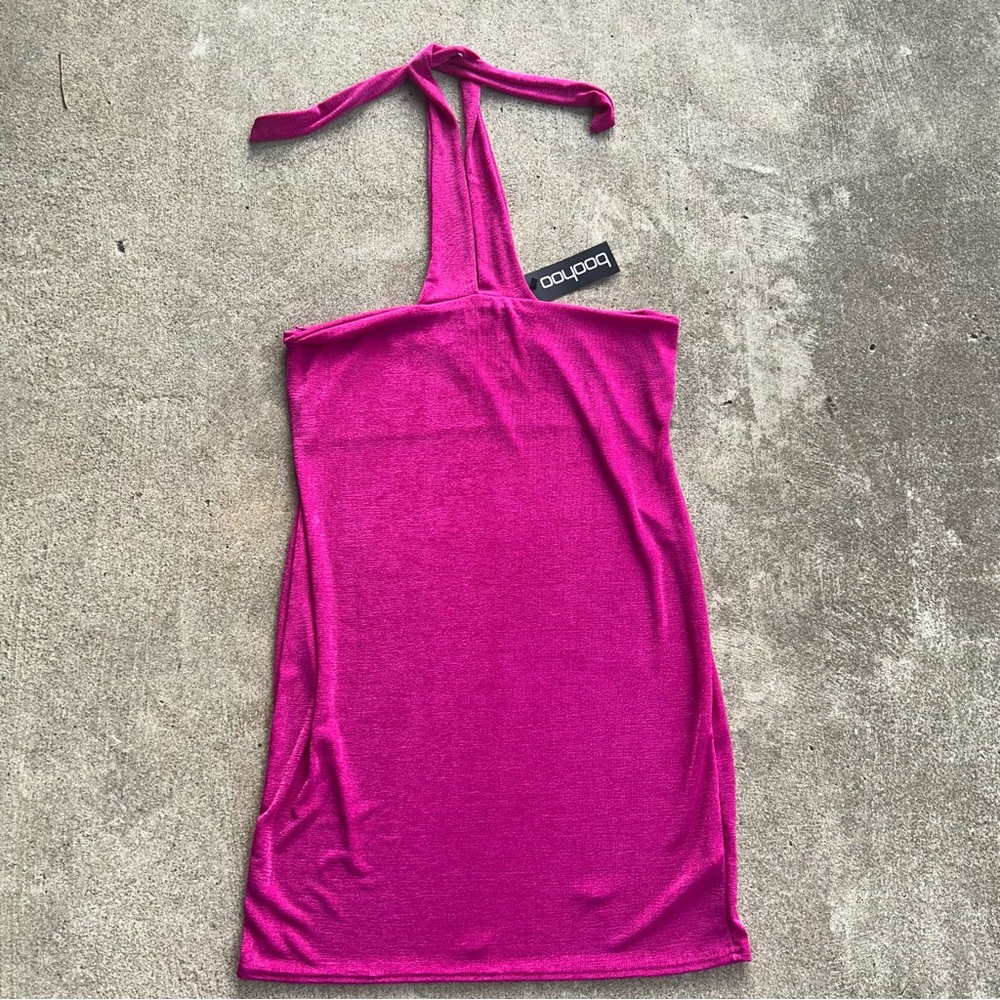 NEW Boohoo Slinky Halter Neck Rouged Mini Dress Size 18 2X Fuchsia NWT - Picture 4 of 4